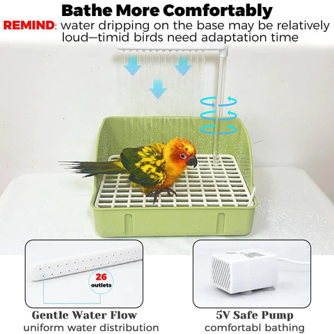 Indoor Bird Bath With Pump For Parakeets And Small To Medium Birds showing a large shower fountain with running water.