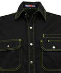 Heavy Duty Flame Resistant Work Shirt For Men Features Slick Brushed Cotton Cut With Snap Down Collar And Stain Repellent Finish, black with green stitching.