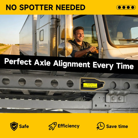Driver using Magnetic Trailer Axle Stopper For Semi Trucks And Dry Vans And Reefers, Heavy Duty Steel Tandem Slide Stopper.