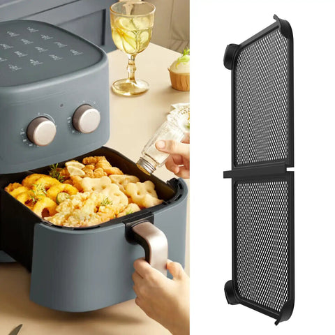 Foldable Air Fryer Splatter Guard Screen For AF500 Keeps Counters Clean during cooking next to prepared fryer with crispy fries