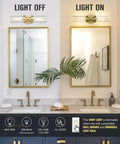 Trending Gold Finish Vanity Lights With Clear Glass Cylinder Shades Over Mirror Indoor Wall Sconce in bathroom, light on and off.