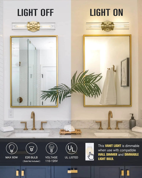 Trending Gold Finish Vanity Lights With Clear Glass Cylinder Shades Over Mirror Indoor Wall Sconce in bathroom, light on and off.