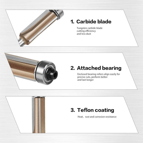 Premium 4 Piece Flush Trim Router Bit Set With Quarter Inch Universal Shank And Solid Carbide Tips close-up of carbide blade and attached bearing features