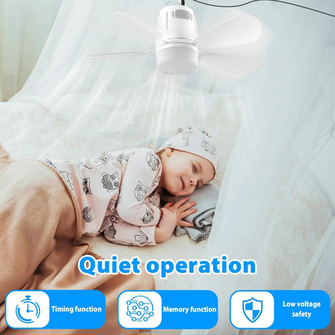 Outdoor Gazebo Ceiling Fan With Light, Plug In Patio Fan above sleeping child in tent, remote control shown, quiet operation
