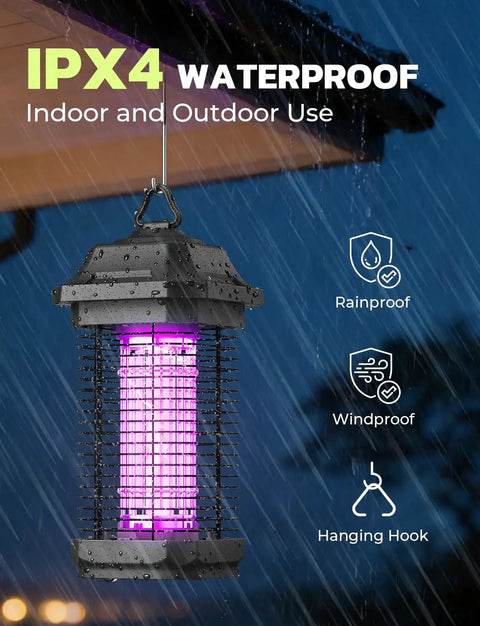 LED Bug Zapper For Indoor And Outdoor Use Powerful Electric Mosquito And Fly Zapper With Five Point Nine Foot Cord Silent Killer hanging in rain