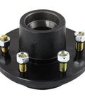 JADODE trailer hub with center spindle, black finish, four studs with nuts visible (front view).