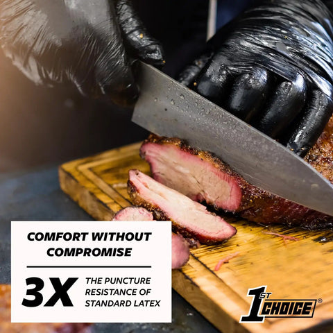Hella Tough Black Nitrile Gloves Five Mil Thickness With Snug Contoured Grip For Heavy Auto Repair House Cleanup Safe Cooking And Pro Janitorial Duty Bulk Carton Holds One Hundred Disposable Gloves used for cutting meat