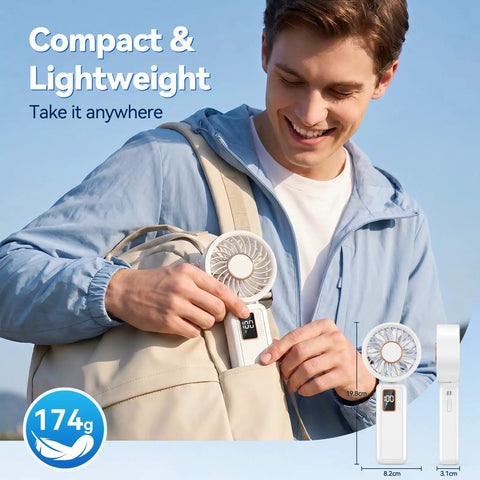 Person placing 3 In 1 Portable Personal Fan With 5 Speed Settings And 6000mAh USB Rechargeable Battery in a backpack pocket