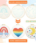 Five Piece Starter Embroidery Kit For Beginners With Boho Cross Stitch Patterns, Two Embroidery Hoops, Floss, Needles, Thread Guide, And Step By Step Instructions For DIY Rainbow Themed Projects showing before and after designs.