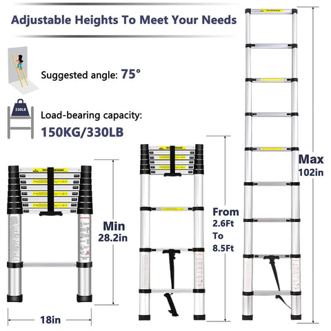 Diagram showcasing 8.5ft Collapsible Telescoping Ladder with Locking Mechanism, highlighting adjustable height and 330 lbs capacity.