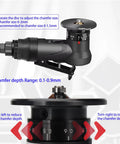 Handheld Pneumatic Chamfering Tool For Metal And Wood Deburr Edge Beveling Machine With C And R Angle Blades 45 Degree Arc Trimming Router High Speed Air Powered Power Tool showing adjustable chamfer settings.