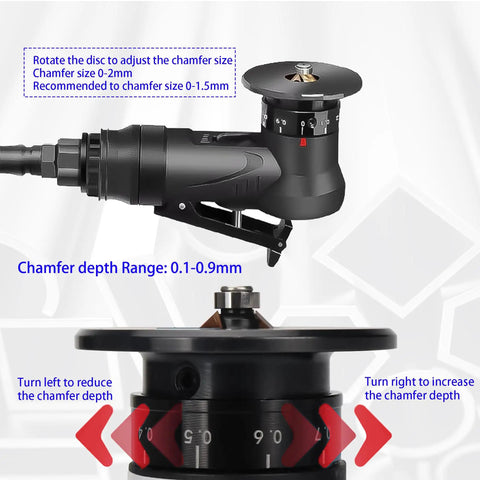 Handheld Pneumatic Chamfering Tool For Metal And Wood Deburr Edge Beveling Machine With C And R Angle Blades 45 Degree Arc Trimming Router High Speed Air Powered Power Tool showing adjustable chamfer settings.