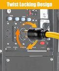 Heavy Duty Nema L14-30p To Four Port Generator Power Adapter With Twist Lock Plug connected to generator showing twist locking design.