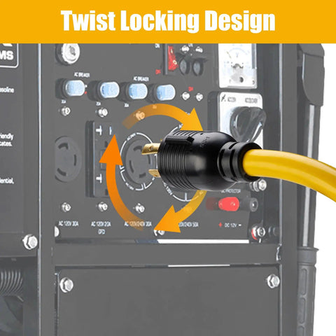 Heavy Duty Nema L14-30p To Four Port Generator Power Adapter With Twist Lock Plug connected to generator showing twist locking design.