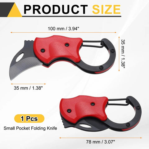 Compact Pocket Folding Knife With Carabiners, 1.38 Inch Blade, 3Cr13 Stainless Steel, Mini Box Cutter in red and black