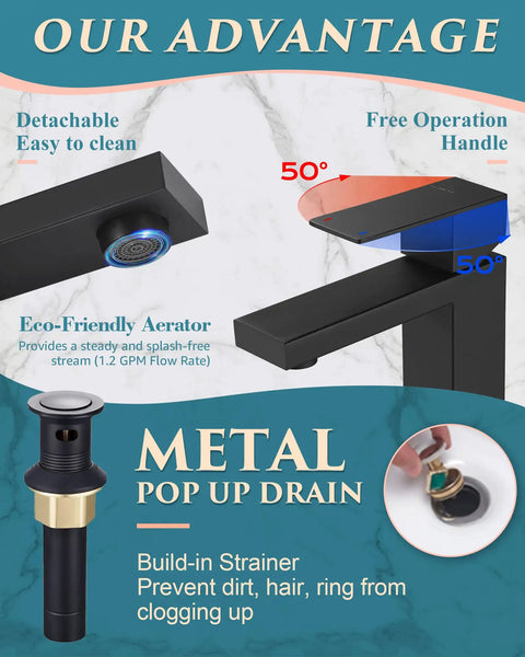 Single Hole Matte Black Bathroom Faucet with No Fuss One Handle Pop Up Drain showing metal drain and 50° free operation handle.