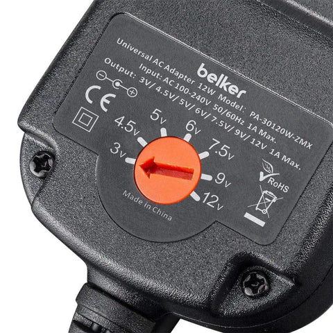 Close-up of Versatile 12W Universal ACDC Power Adapter With Eight Tip Sizes, Adjustable 3V To 12V DC Output, 1000mA Max.