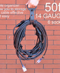 Seven-Outlet Outdoor Power Extension Cord, 50 Ft, 14-Gauge, IP44 Waterproof Cap, coiled with organizer in hand