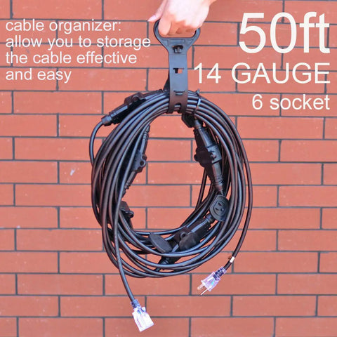 Seven-Outlet Outdoor Power Extension Cord, 50 Ft, 14-Gauge, IP44 Waterproof Cap, coiled with organizer in hand