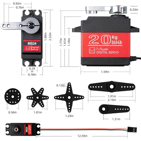 Diagram of 20Kg High Torque Digital Servo With Waterproof Metal Gear for RC Cars and Robots, showing dimensions and components.