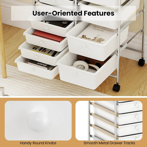 Grab-And-Go 15-Drawer Rolling Utility Cart With Lockable Wheels showing removable drawers with smooth metal drawer tracks.