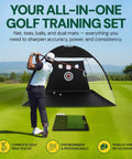 Golfer practicing with All-In-One Golf Practice Net Set With Dual Mats 3 Tees And 5 Balls for swing training.