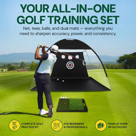 Golfer practicing with All-In-One Golf Practice Net Set With Dual Mats 3 Tees And 5 Balls for swing training.