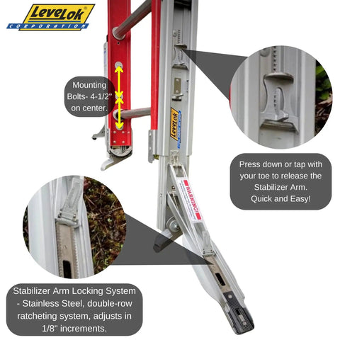 Permanent Mount Heavy Duty Ladder Levelers Full Kit with Pro Grade Side Tip Stabilizer Arms for Two Ladders Easy Install ANSI OSHA