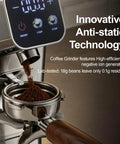 Top Shelf Conical Burr Coffee Grinder Featuring A Six Degree Tilted Body For Zero Mess Grinds And Hassle Free Cleanup In Sleek Metallic Silver Finish Built With Heavy Duty Stainless Steel Burrs For Straight Up Fresh Brews Daily, showing ground coffee dispensing into a portafilter.