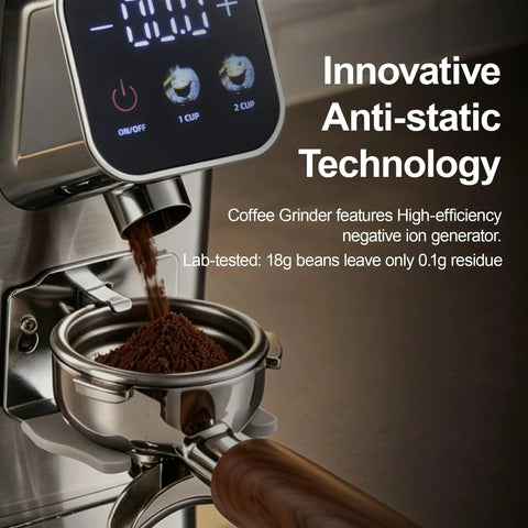 Top Shelf Conical Burr Coffee Grinder Featuring A Six Degree Tilted Body For Zero Mess Grinds And Hassle Free Cleanup In Sleek Metallic Silver Finish Built With Heavy Duty Stainless Steel Burrs For Straight Up Fresh Brews Daily, showing ground coffee dispensing into a portafilter.