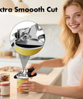 Woman using 3 Piece Can Opener Bottle Opener and Wine Opener Set With Smooth Edge Manual Opener Magnetic Tip in kitchen