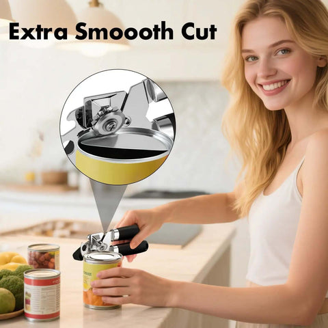 Woman using 3 Piece Can Opener Bottle Opener and Wine Opener Set With Smooth Edge Manual Opener Magnetic Tip in kitchen