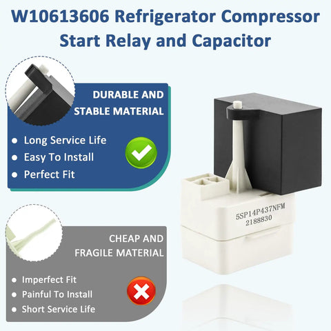 New Upgraded Start Relay And Capacitor W10613606 For Whirlpool Kenmore KitchenAid Refrigerators with durability chart