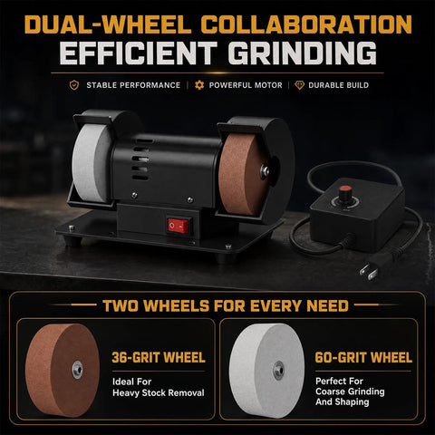 Cordless Mini Bench Grinder With Adjustable Speed And AC DC Dual Power perfect for sharpening blades with dual grinding wheels.