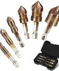 Top Shelf M35 Cobalt Countersink Drill Bit Set With Six Knockout Chamfer Tools Featuring A Solid Quarter Inch Hex Shank Built Tough For Quick Wood And Metal Drilling Jobs That Need Clean Angles And Zero Hassle Every Single Workday, showing various bit sizes in a case.