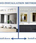 Chrome Four-Light Vanity Light Fixture Over Mirror With Clear Glass Shade, E26 Wall Sconce shown installed up and down