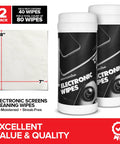 Electronic screen cleaning wipes, 2-pack (80 wipes total), pre-moistened, streak-free for cameras and devices