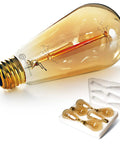 Dimmable Edison Style ST64 Amber Glass Filament Bulbs, 2700K Warm Glow, 60W 110V, E26 Base; closeup of bulb and packaging, pack of 6