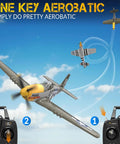 Powerful Brushless RC Plane For Adults With 4 Channel P51D Mustang performing aerobatic maneuver in the sky, controllers shown.