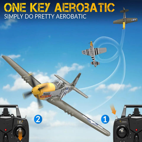 Powerful Brushless RC Plane For Adults With 4 Channel P51D Mustang performing aerobatic maneuver in the sky, controllers shown.