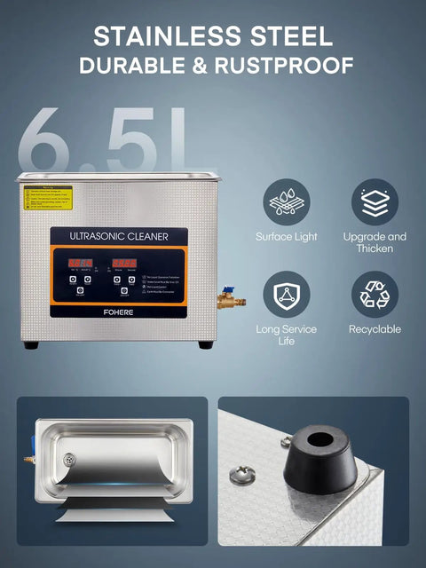180W Ultrasonic Cleaner With Heater And Timer, stainless steel parts washer, 6.5L tank highlighted with features and close-ups
