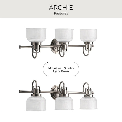 Archie Collection 3-Light Bath Vanity Light With Double Prismatic Glass in Antique Nickel shown with shades up and down.