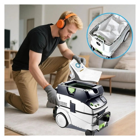 Man using Five Pack Dust Filter Bags Compatible With CT26 CT26E CT36 CT36E Vacuum Cleaners in living room