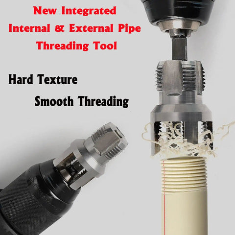 All In One PVC Pipe Threader Kit 3 Piece Set With Dies For One Half, Three Quarters And One Inch NPT Internal And External Threads Drill Compatible For PVC PPR And MPP Pipes Handy For Pros And DIYers with threading action.