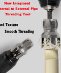 Pro Grade PVC Pipe Threader Kit 4 Piece Set With Broken Bolt Extractor showing threading on pipe with electric drill attachment