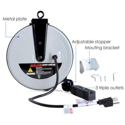 25 Ft Retractable Extension Cord Reel With 3 Outlets 16 AWG 3 Conductor SJTW Power Cable For Indoor And Outdoor Use UL Listed Safety