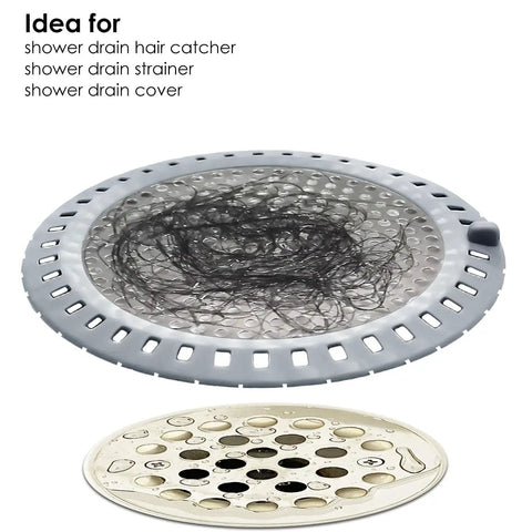 2 Pack Shower Drain Hair Catchers With Stainless Steel Mesh And Soft Silicone Edging For No Fuss Debris Capture 4.75 Inch Diameter Rust Resistant Fits Most US Shower Drains showcasing trapped hair on drain cover