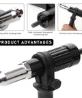 Electric Rivet Nut Gun Kit With Cordless Drill Attachment showing alloy steel head and hexagonal connecting bar advantages.