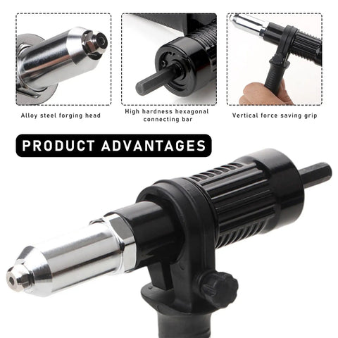 Electric Rivet Nut Gun Kit With Cordless Drill Attachment showing alloy steel head and hexagonal connecting bar advantages.
