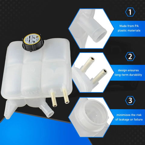 Mazda 3 Coolant Reservoir Tank With Cap For 2004-2013 Mazda 3 And 2009-2013 Mazda 3 Sport Replacement Part LF5015350 5M5H8K218AA Easy Install Leak-Proof Cap, shown with material and design features